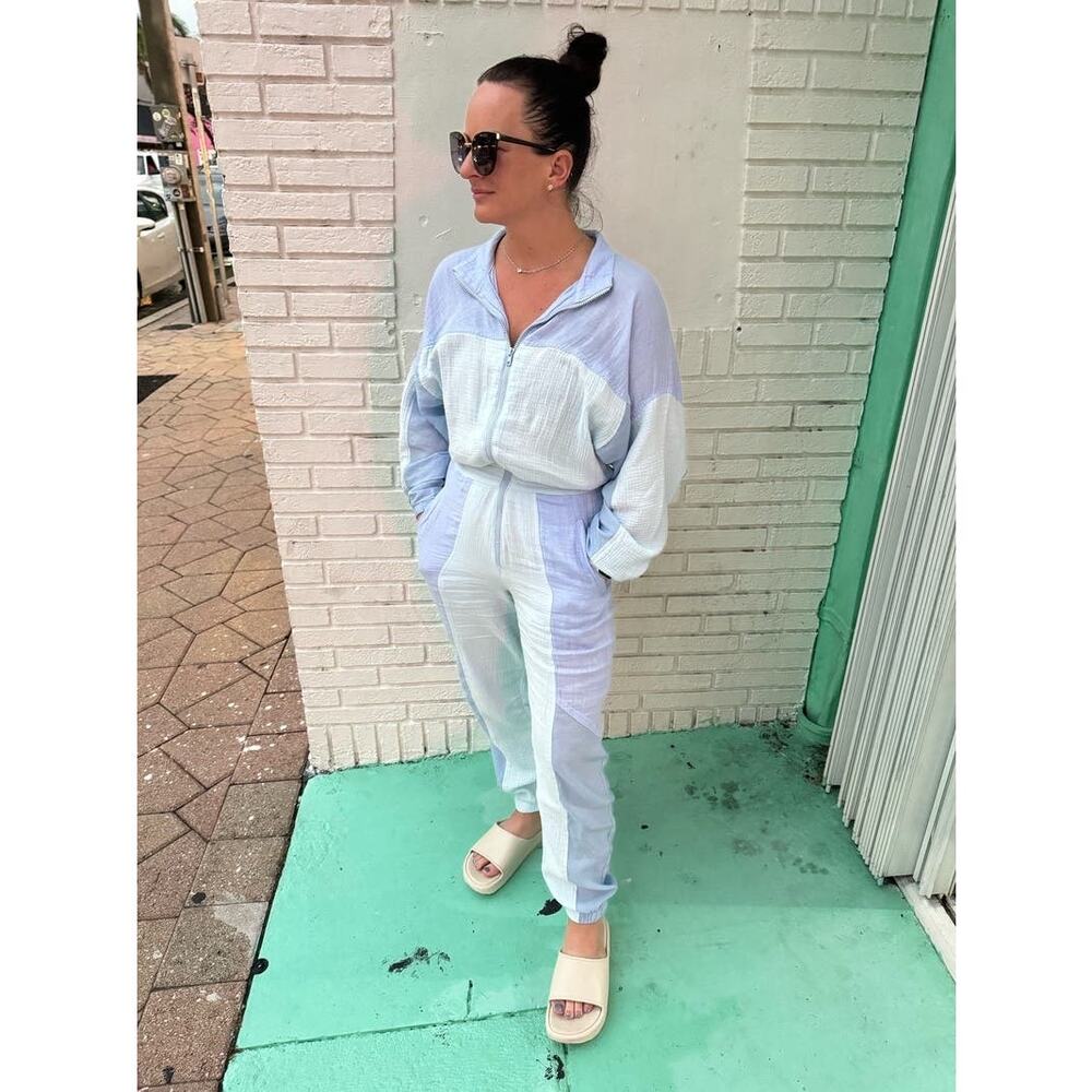 PARADISED Blue 100% Cotton Long Sleeve Tracksuit Kelsey Jumpsuit Size Medium